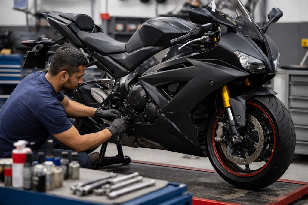 Superbike undergoing maintenance at a professional service workshop in India