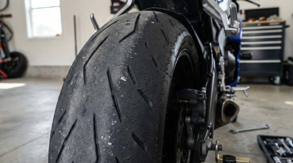 Worn superbike tyre showing typical wear on Indian road conditions