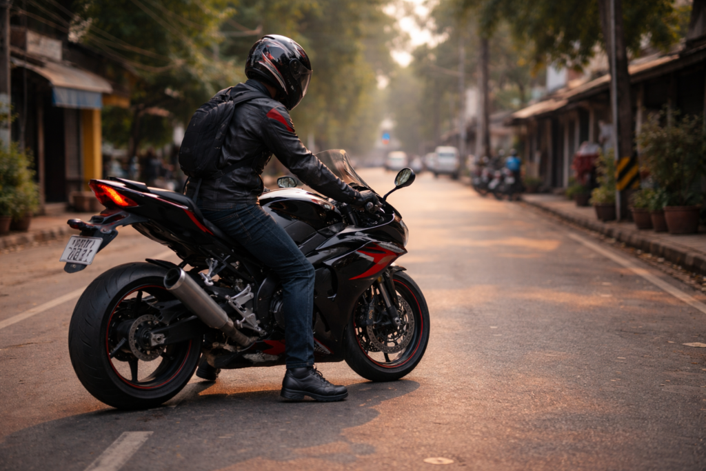 Superbike on a quiet Indian street during low traffic hours