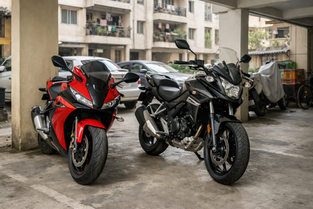 Superbike and naked motorcycle parked together in Indian apartment parking