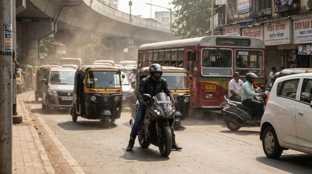 Superbike rider waiting in slow moving Indian traffic
